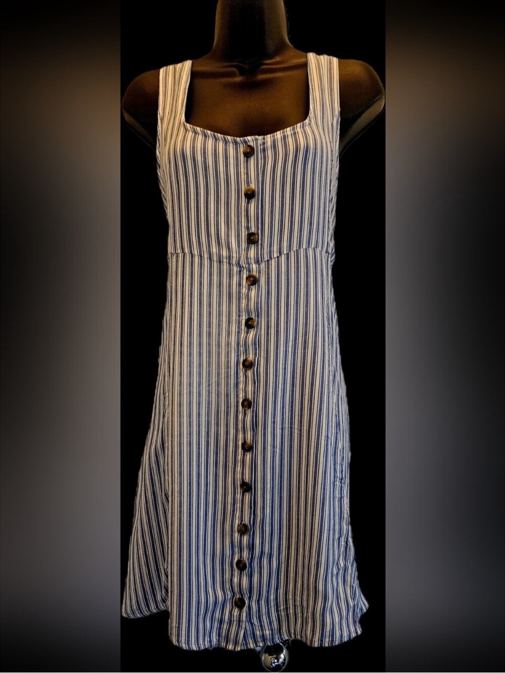 American Eagle Striped Button-Front Mini Dress | Blue White Sleeveless A-Line